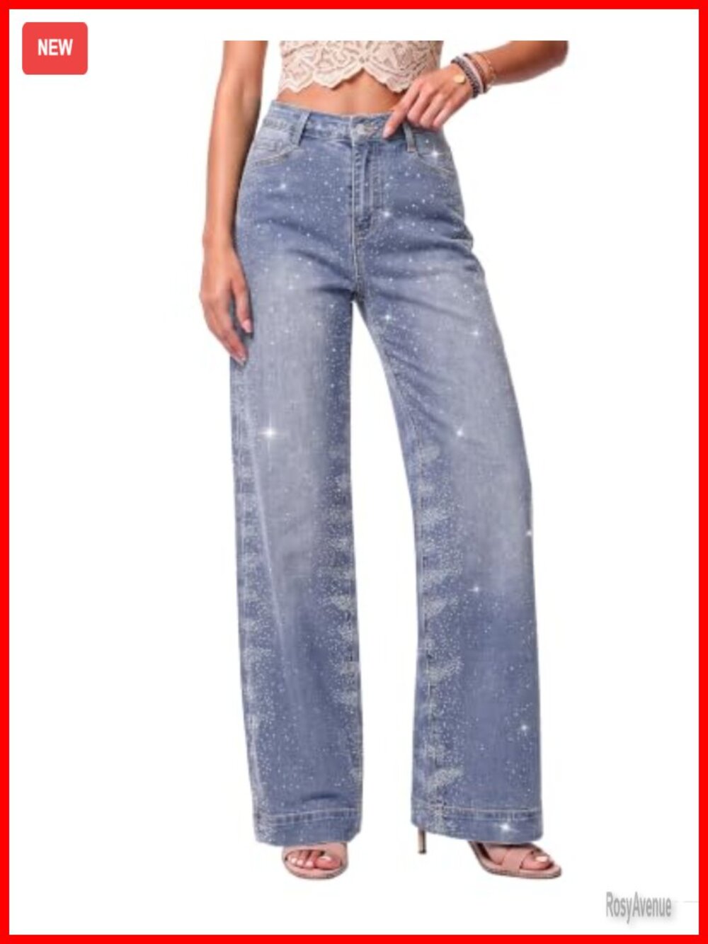Wide Leg Rhinestone High Waist Stretchy Jeans